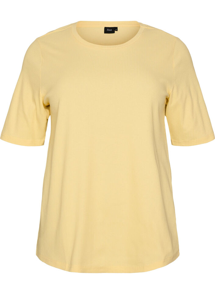 Bluse aus geripptem Jersey mit kurzen &Auml;rmeln, Gelb, Packshot image number 0