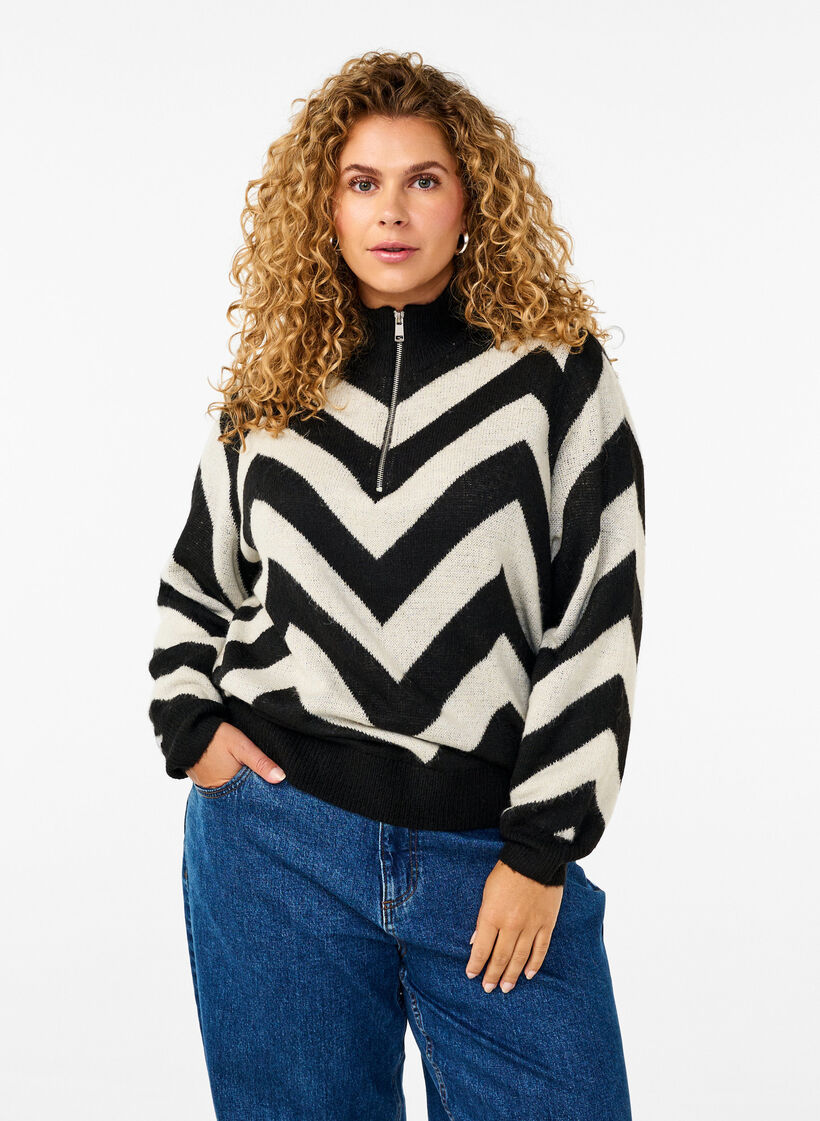 Hochgeschlossener Strickpullover mit Reißverschluss, Black Birch Stripe, Model image number 0