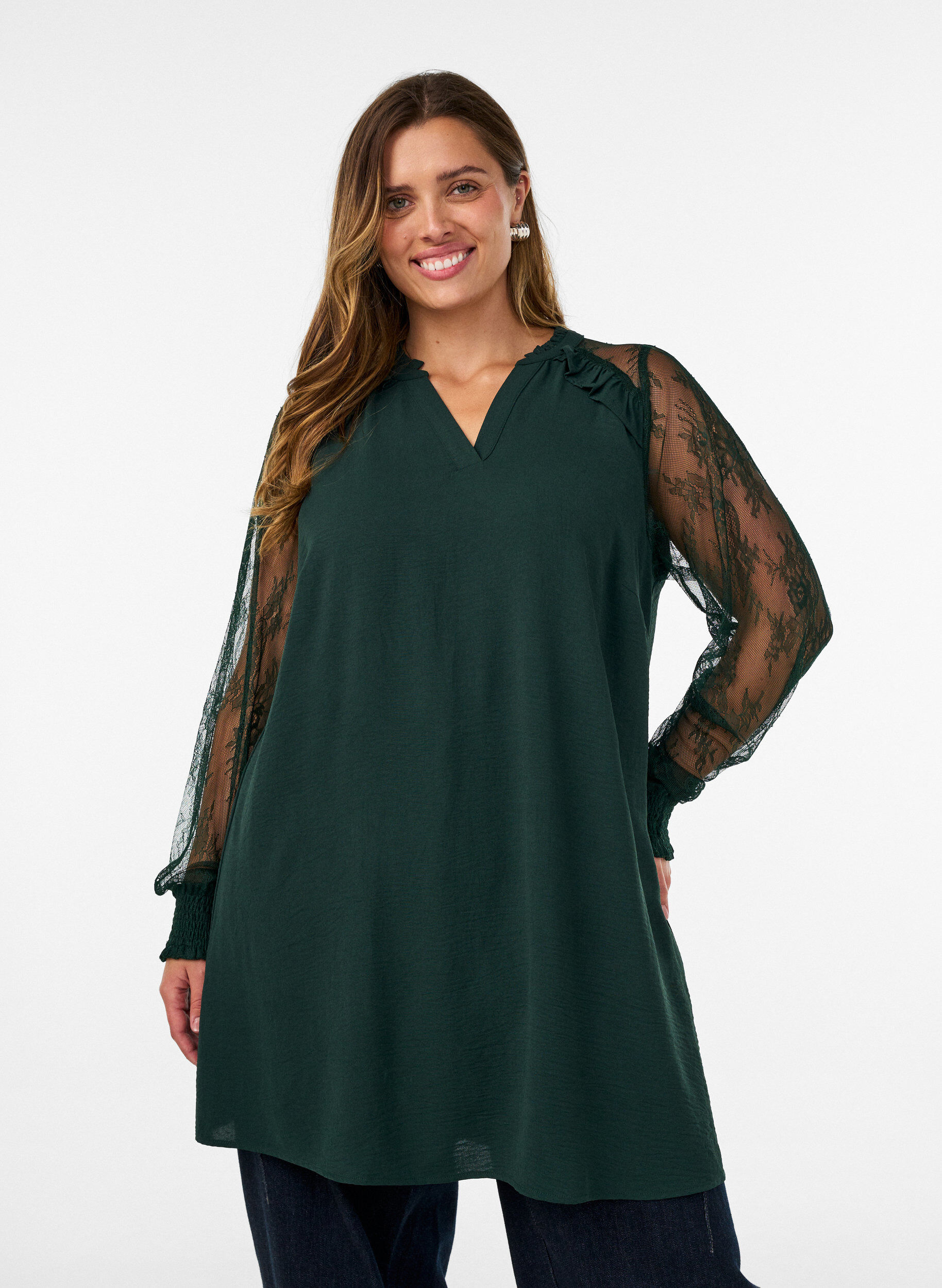 ZizziTunika mit transparenten &Auml;rmeln aus Spitze, Gr&uuml;n, Model image number 0