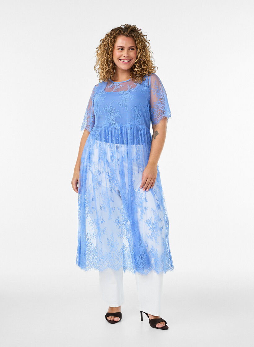 Midikleid aus transparenter Spitze mit kurzen &Auml;rmeln, lila, Image image number 0