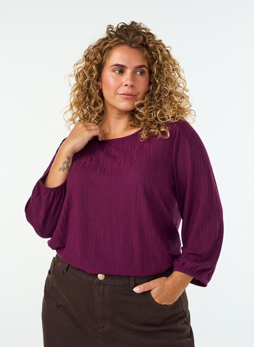 Bluse mit Struktur und 3/4-&Auml;rmeln, Lila, Model image number 0