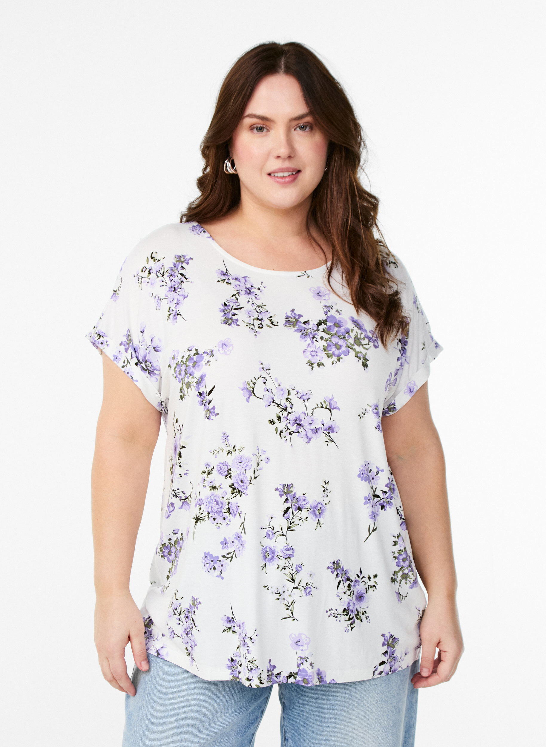 Zizzi T-Shirt mit floralem Print, Lila, Model image number 0