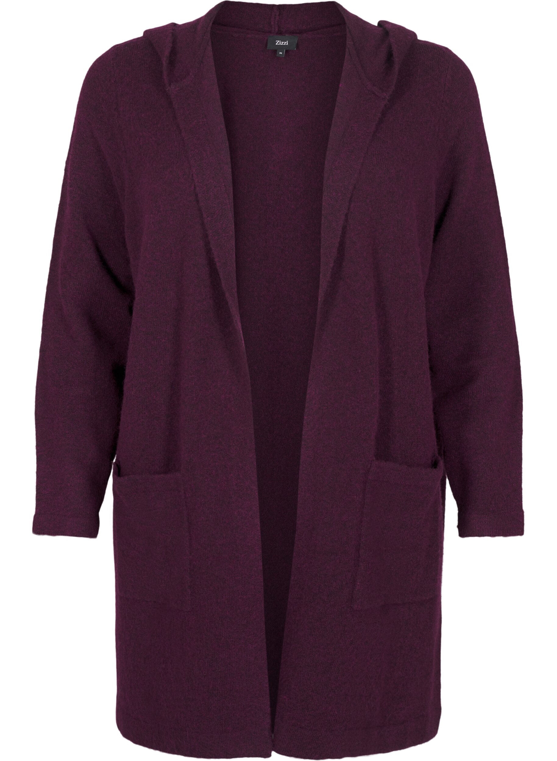 Zizzi Langer Strickcardigan aus Wolle mit Kapuze, Potent Purple Mel., Packshot image number 0