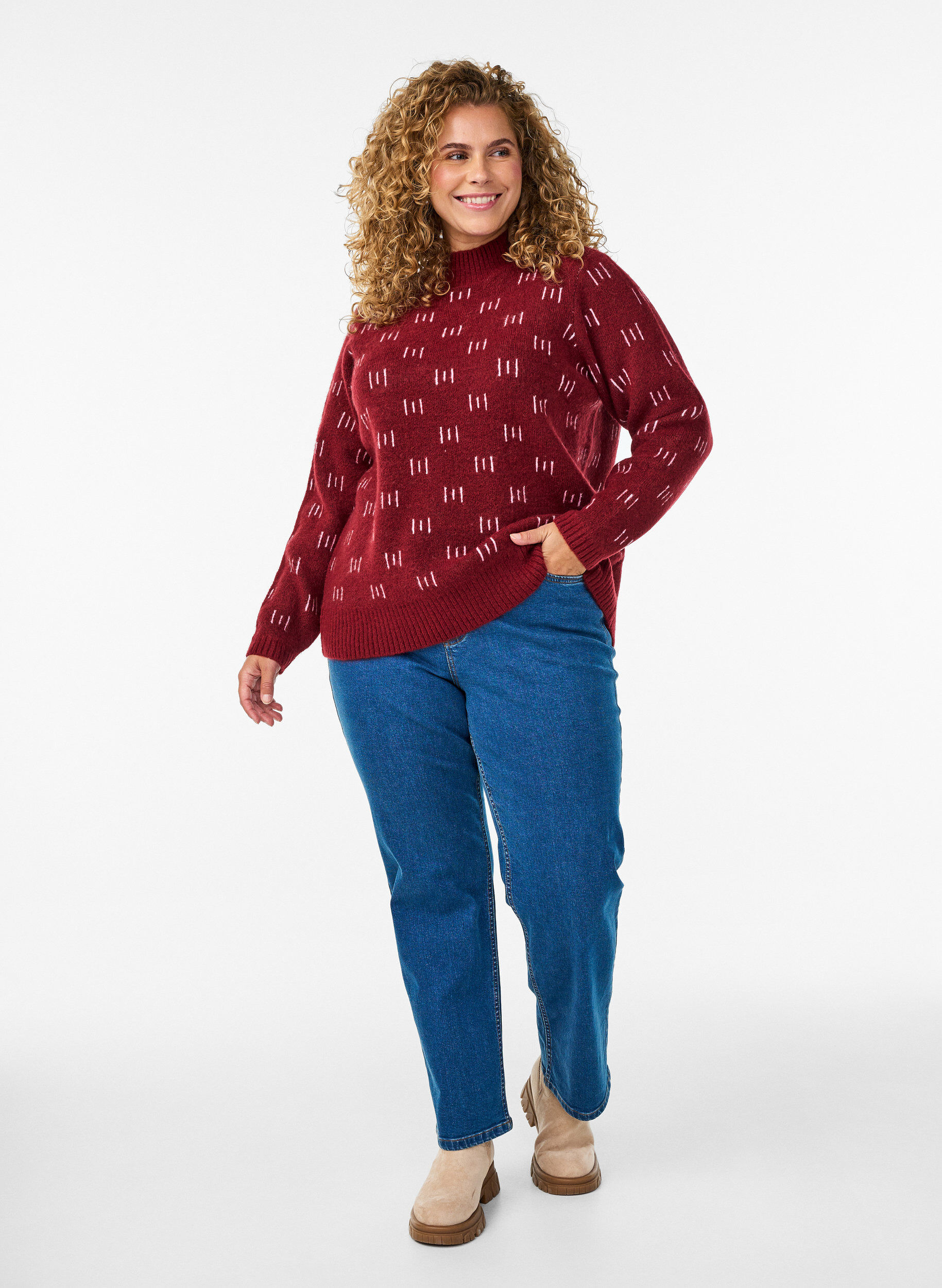 Zizzi Gemustertes Stricktop mit hohem Kragen, Dunkles Bordeaux, Model image number 1