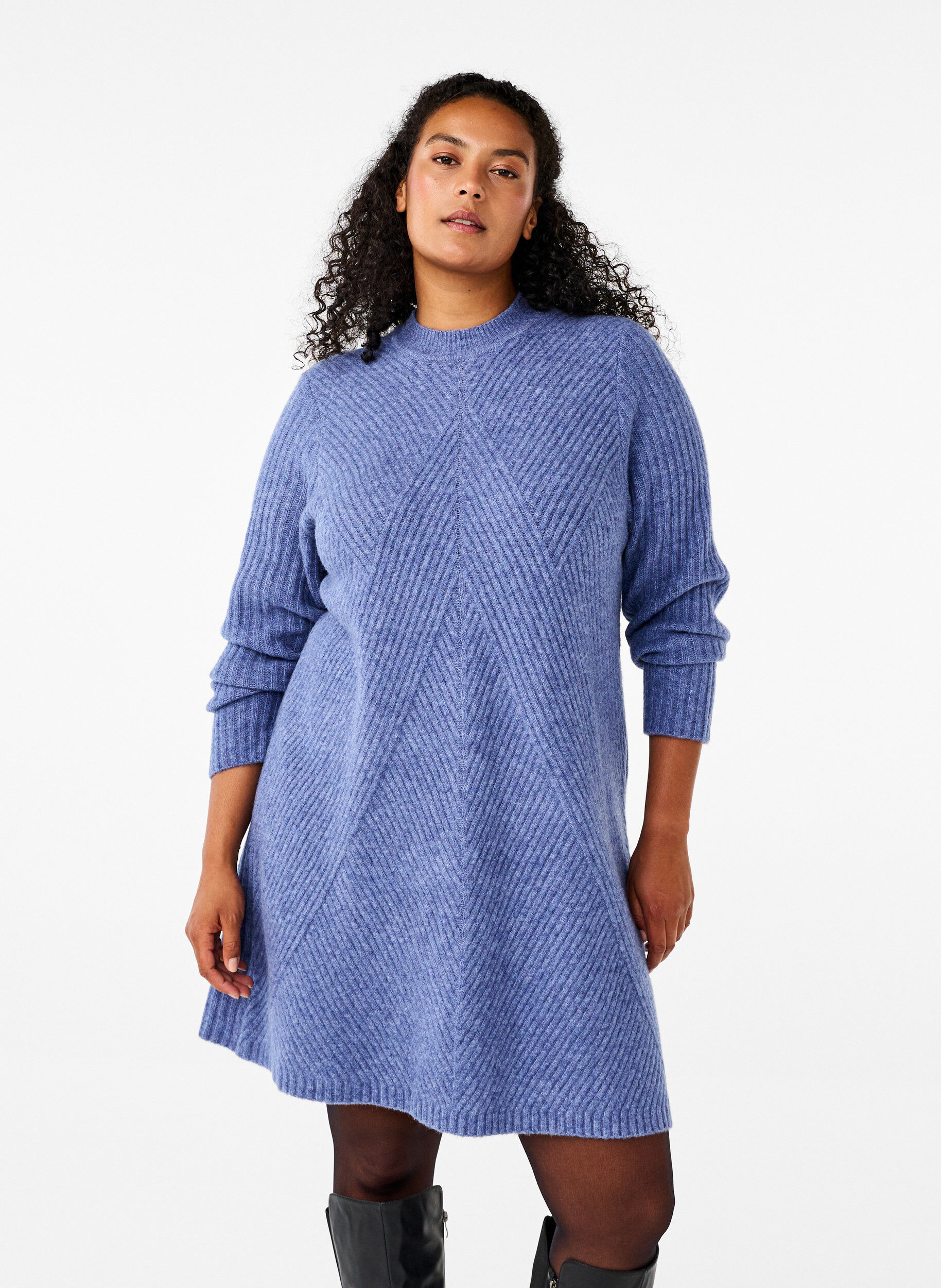 Zizzi Kurzes Rippstrickkleid mit Rundhalsausschnitt, Grey Blue Mel., Model image number 0