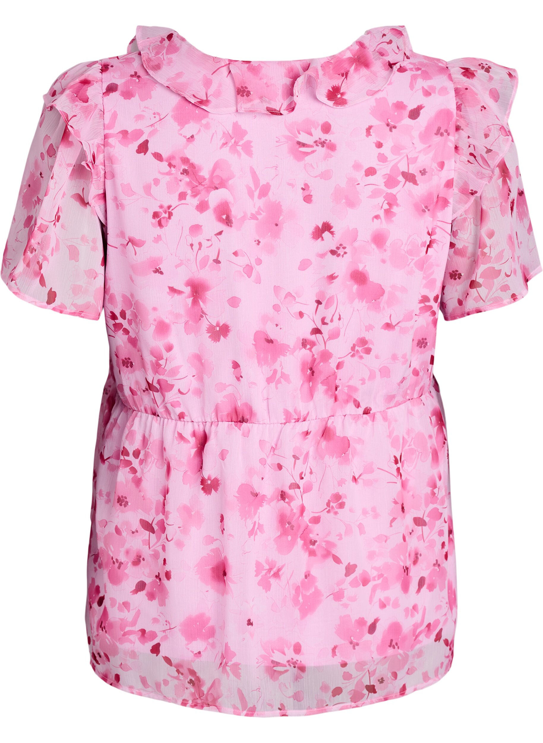 Zizzi Gebl&uuml;mte Bluse mit R&uuml;schenkragen und Peplum-Effekt, Pink, Packshot image number 1