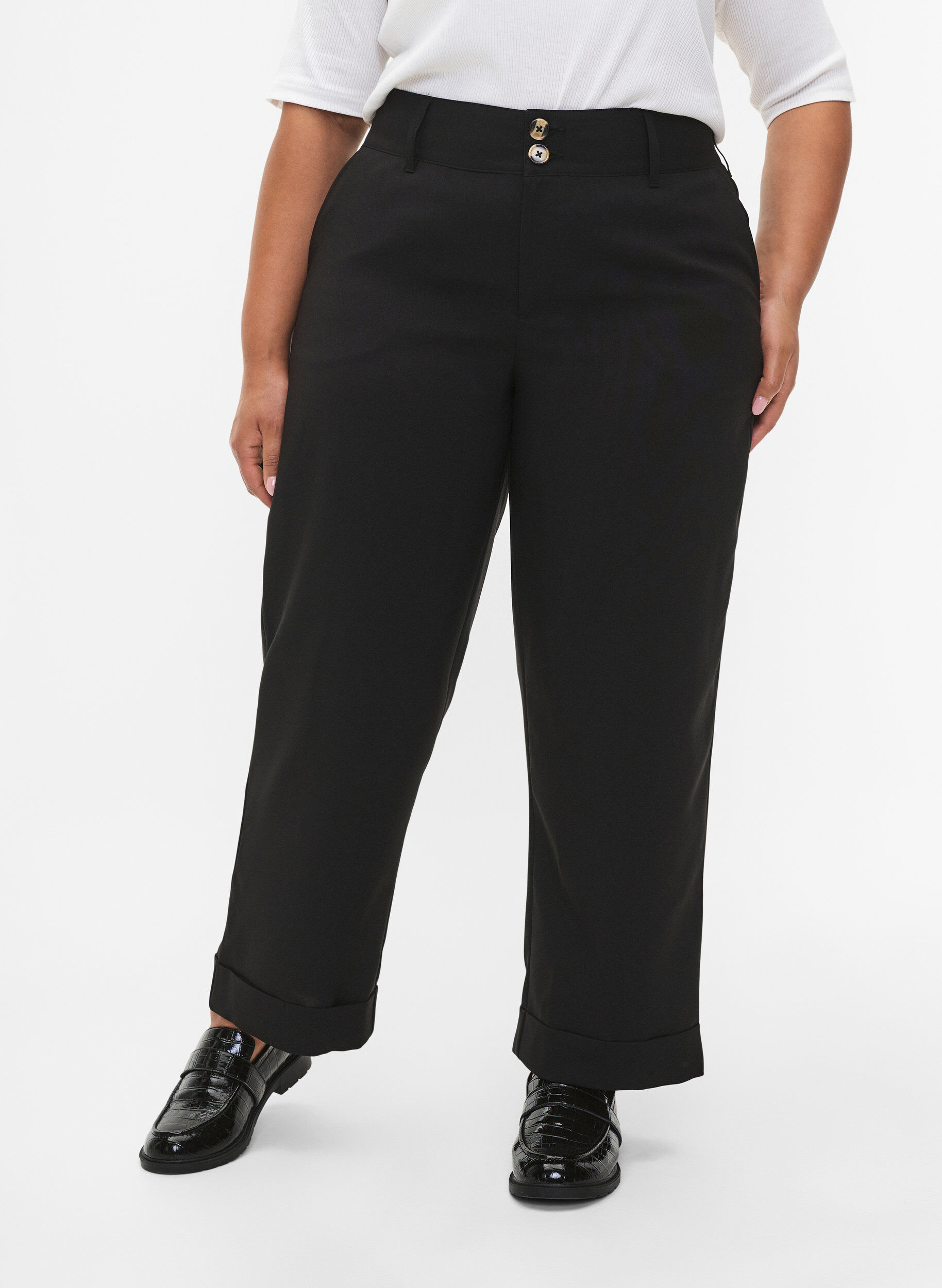 Zizzi Hose mit hoher Taille und Umschlag, Black, Model image number 2