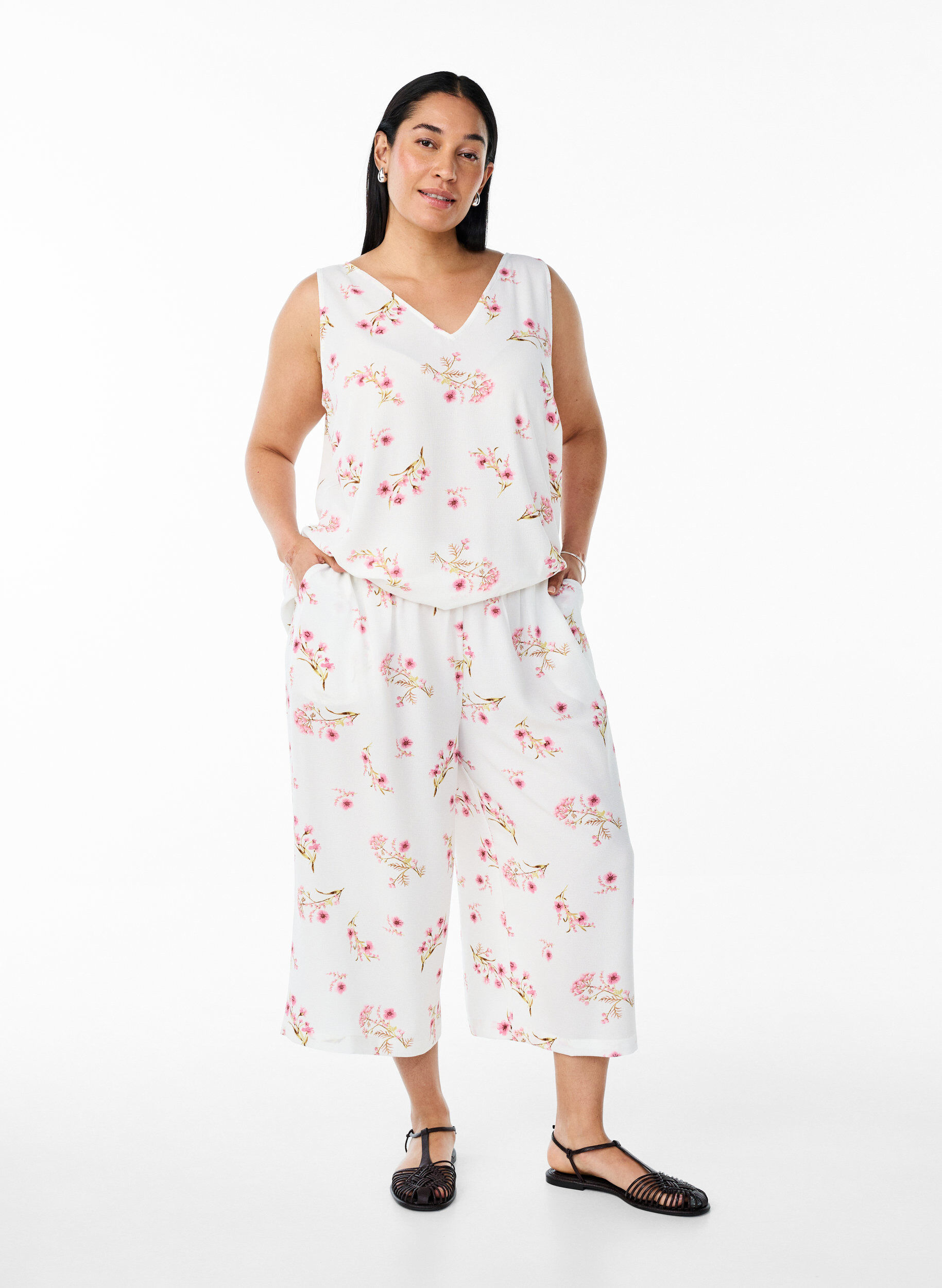 Zizzi Culotte-Hose mit Print, Wei&szlig;, Model image number 0