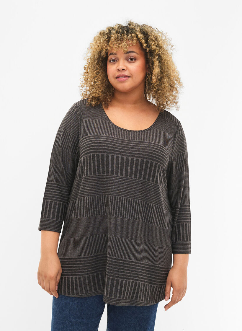 Bluse mit 3/4-Ärmeln und Streifenmuster, Dark Grey Melange, Model image number 0