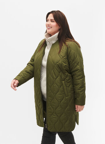 Langer gefütterter Jacke mit Taschen und Reißverschluss, Winter Moss, Model image number 2