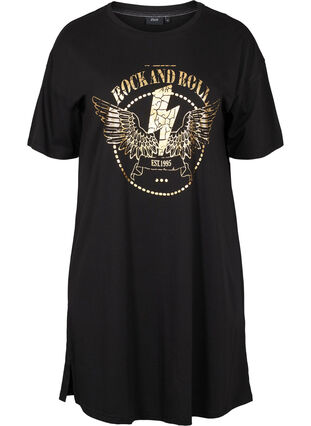 T-Shirt-Kleid aus Baumwolle mit Printdetails, Black w. Gold, Packshot image number 0