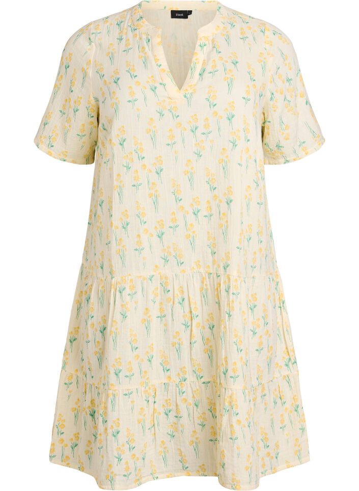 Kurzes A-Linien-Kleid aus Baumwollmusselin, Gelb, Packshot image number 0
