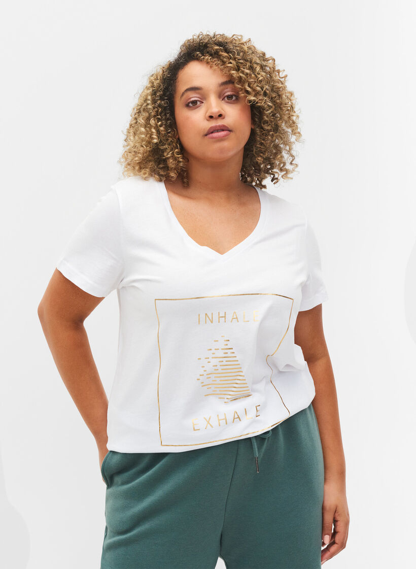 Trainings-T-Shirt aus Baumwolle mit Aufdruck, White w. inhale logo, Model