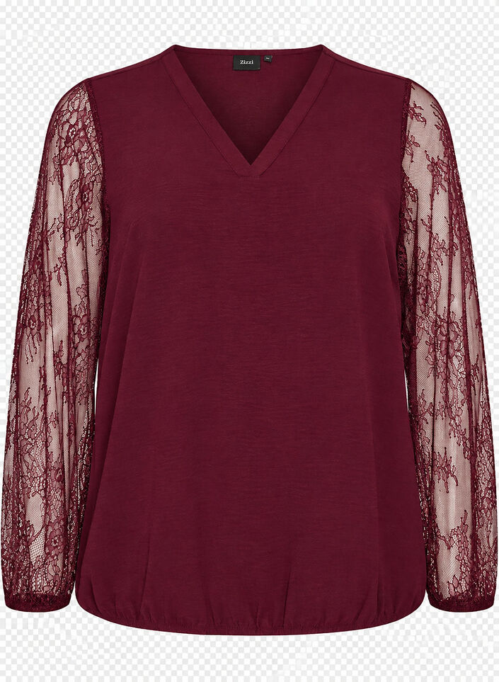 Bluse mit &Auml;rmeln aus Spitze und Ballonform, Rot, Packshot image number 0