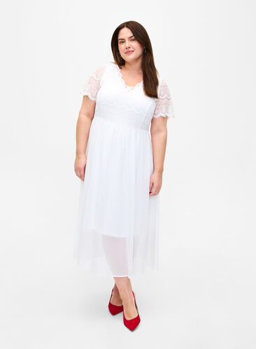 Partykleid mit Spitze und Empire-Taille, Bright White, Model image number 0