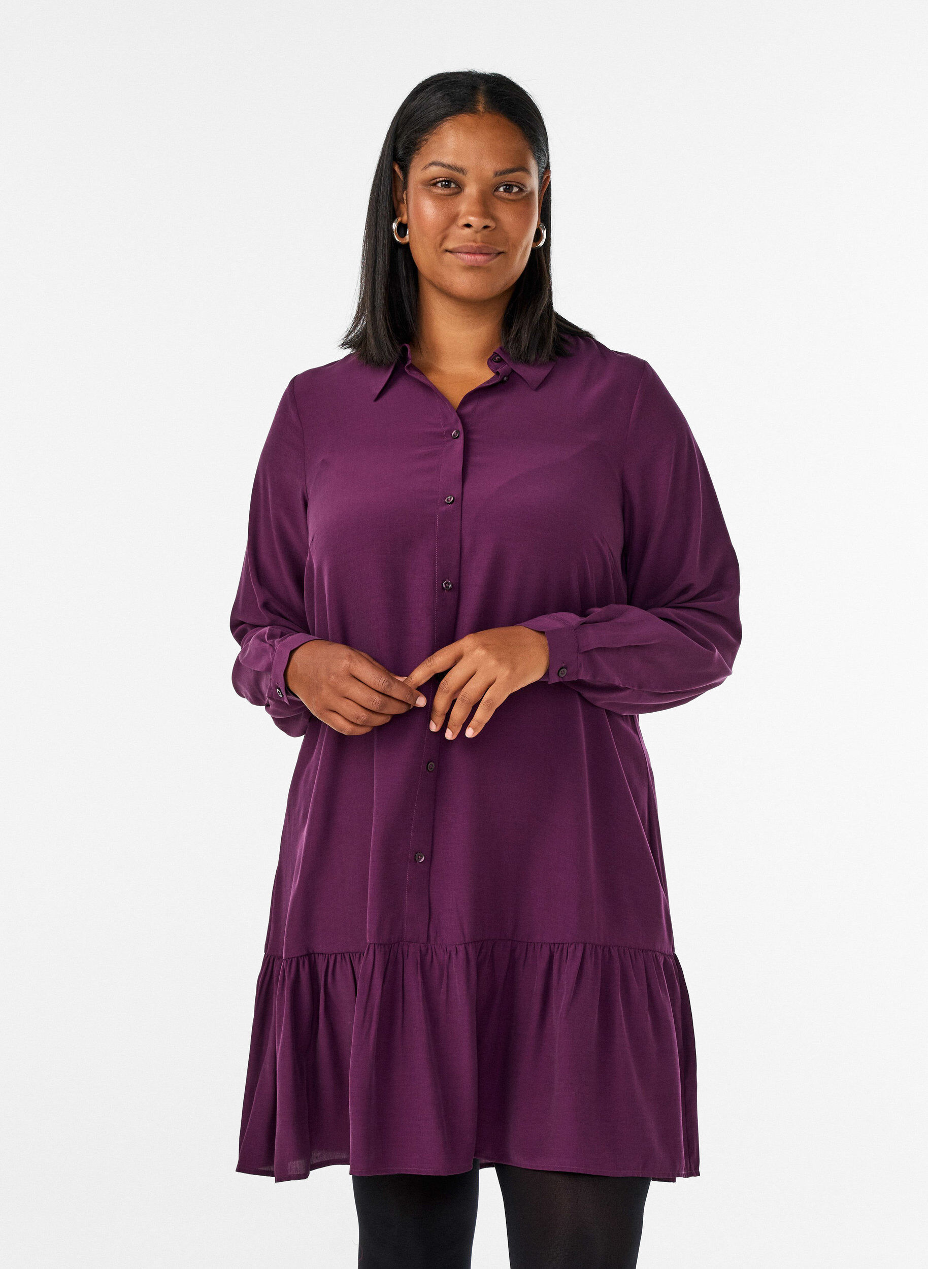 ZizziKurzes Hemdblusenkleid mit R&uuml;schenvolant, Lila, Model image number 0