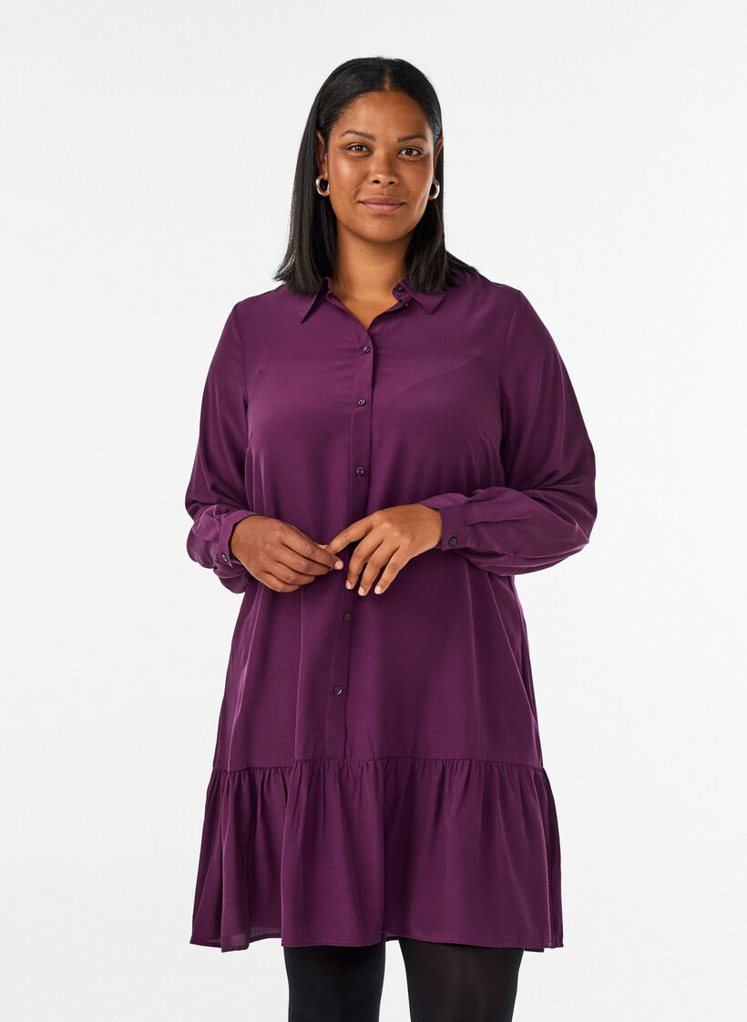 Kurzes Hemdblusenkleid mit R&uuml;schenvolant, Lila, Model image number 0