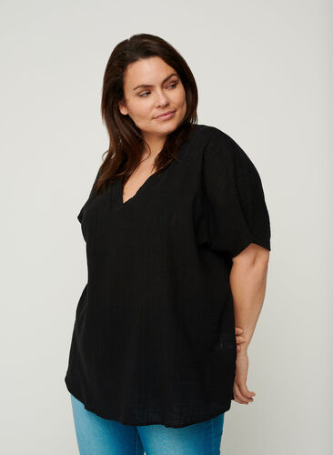 Kurzarm Bluse aus Baumwolle mit V-Ausschnitt, Black, Model image number 0