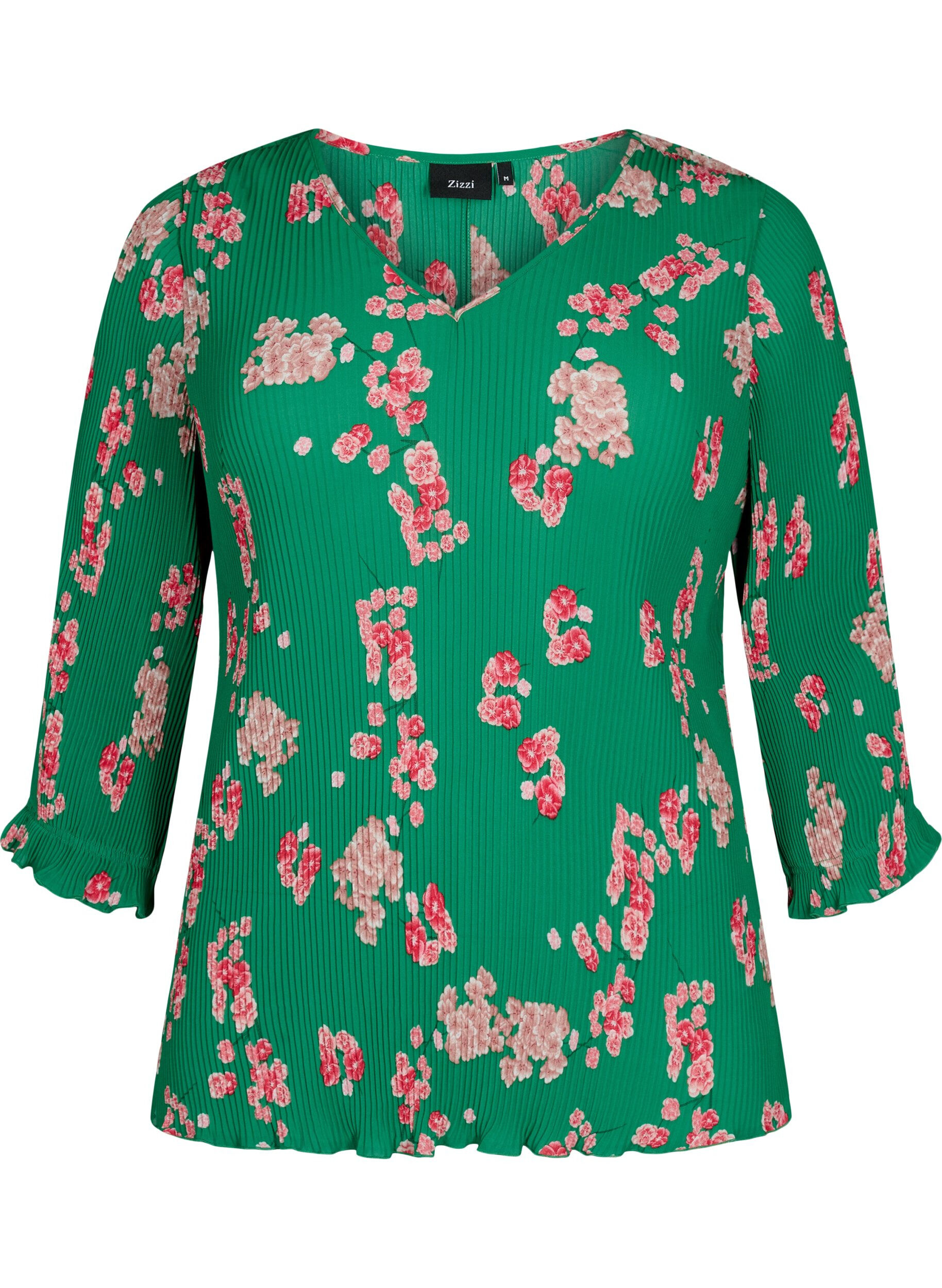 Zizzi Plissierte Bluse mit 3/4-&Auml;rmeln, Jolly Green Flower, Packshot image number 0