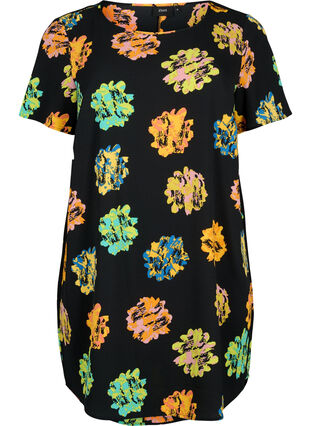 Bedrucktes Kleid mit kurzen Ärmeln, Black Big Flower, Packshot image number 0