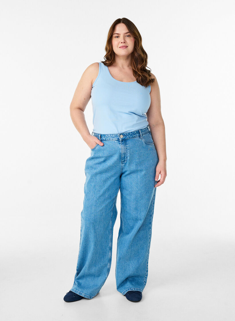 Einfarbiges Basic Top aus Baumwolle, Blau, Model image number 1