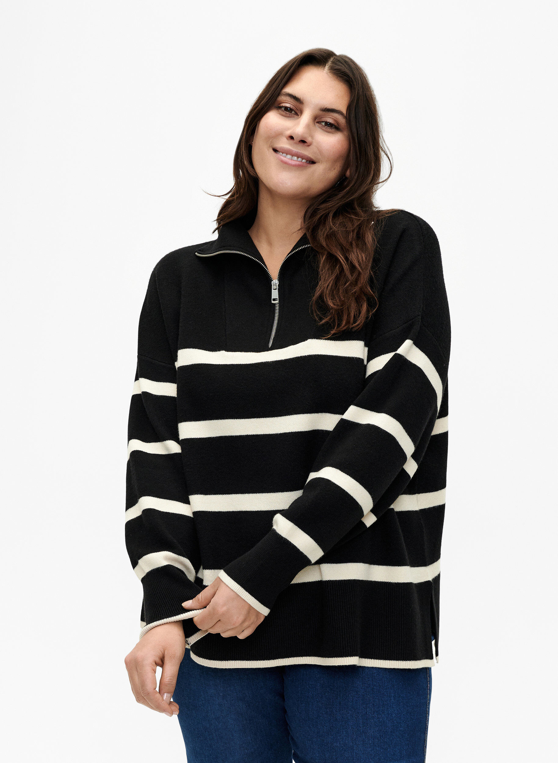 Zizzi Pullover mit Streifen und hohem Kragen	, Black w. Birch, Model image number 0