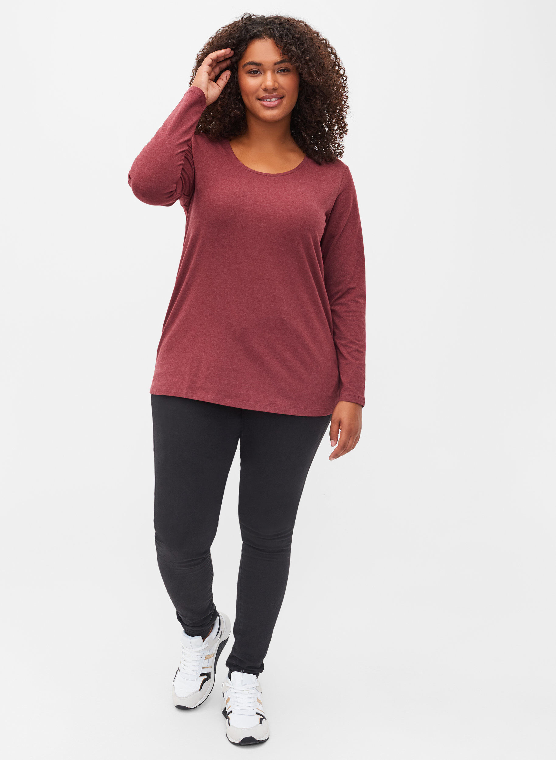 Zizzi Basic Bluse mit langen &Auml;rmeln, Cabernet Melange, Model image number 2