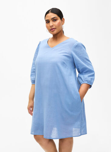 Kurzes Kleid aus Baumwollmischung mit Leinen, Faded Denim, Model image number 0