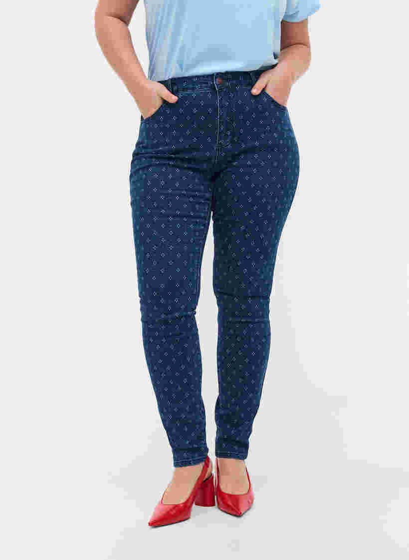 Super Slim Amy Jeans mit Printdetails, Dark blue, Model image number 2