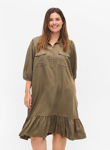 Kleid mit Rüschenbesatz und 3/4-Ärmeln, Dusty Olive, Model image number 0