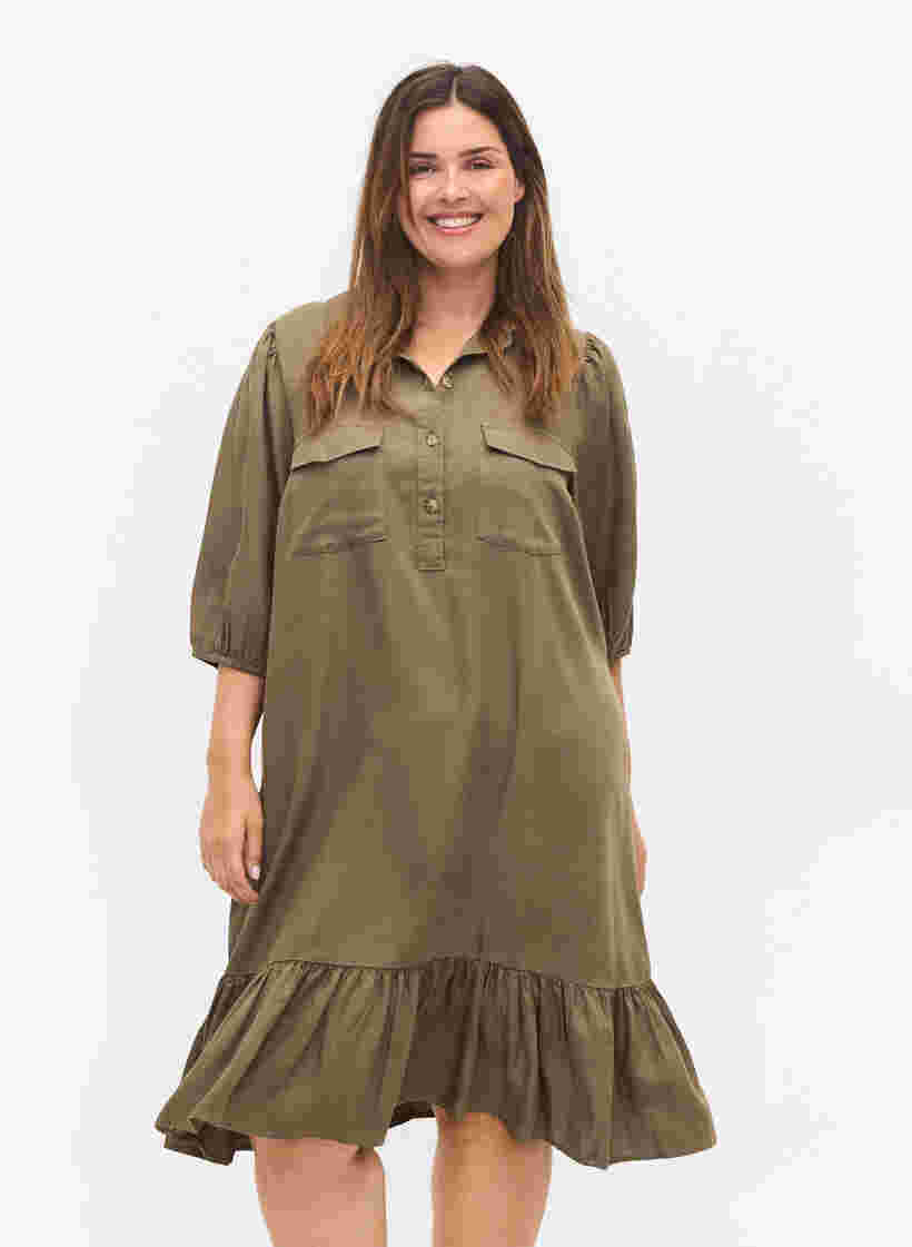 Kleid mit Rüschenbesatz und 3/4-Ärmeln, Dusty Olive, Model