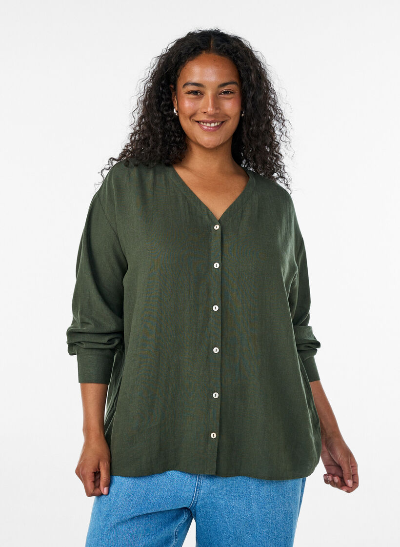 Bluse aus Leinen und Viskose mit V-Ausschnitt, Gr&uuml;n, Model image number 0