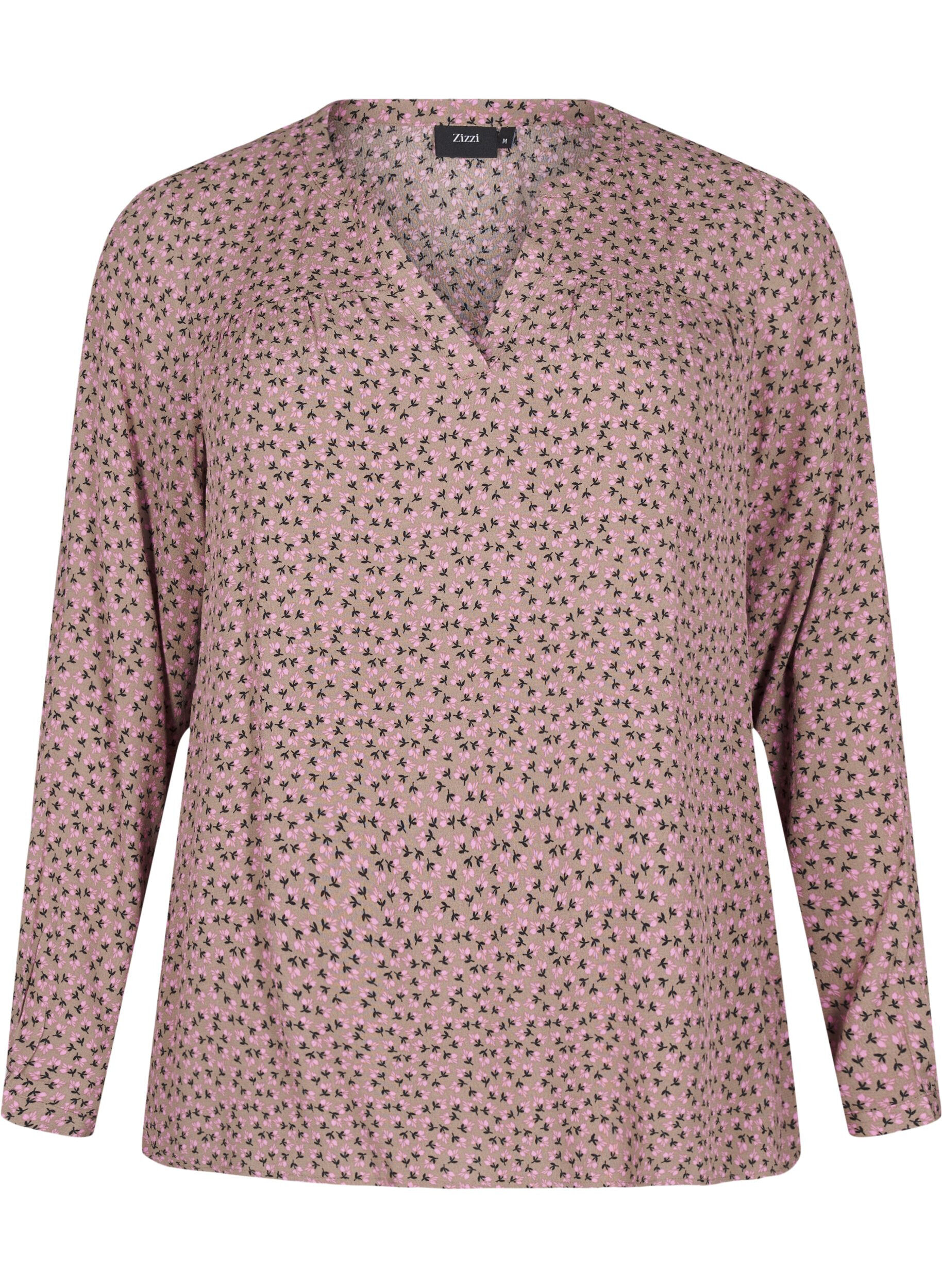 Zizzi Lang&auml;rmelige Bluse mit gebl&uuml;mtem Print und V-Ausschnitt, Braun, Packshot image number 0