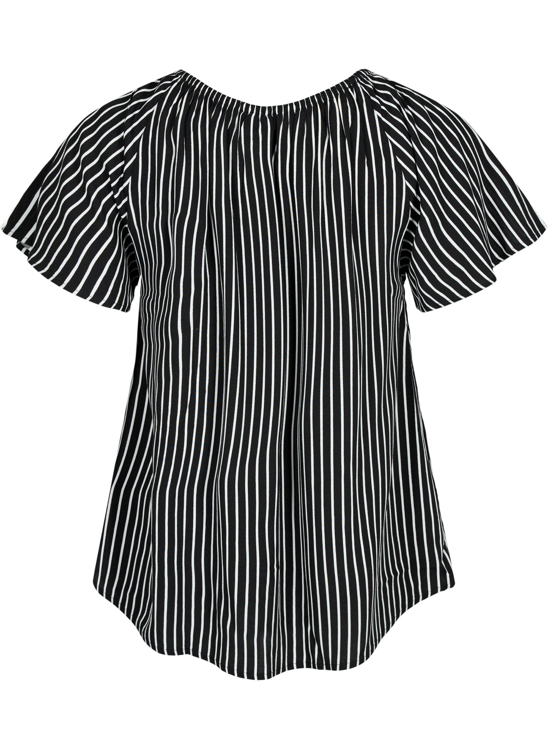 Zizzi Gestreifte Viskosebluse mit kurzen &Auml;rmeln, Black/ White Stripe, Packshot image number 1