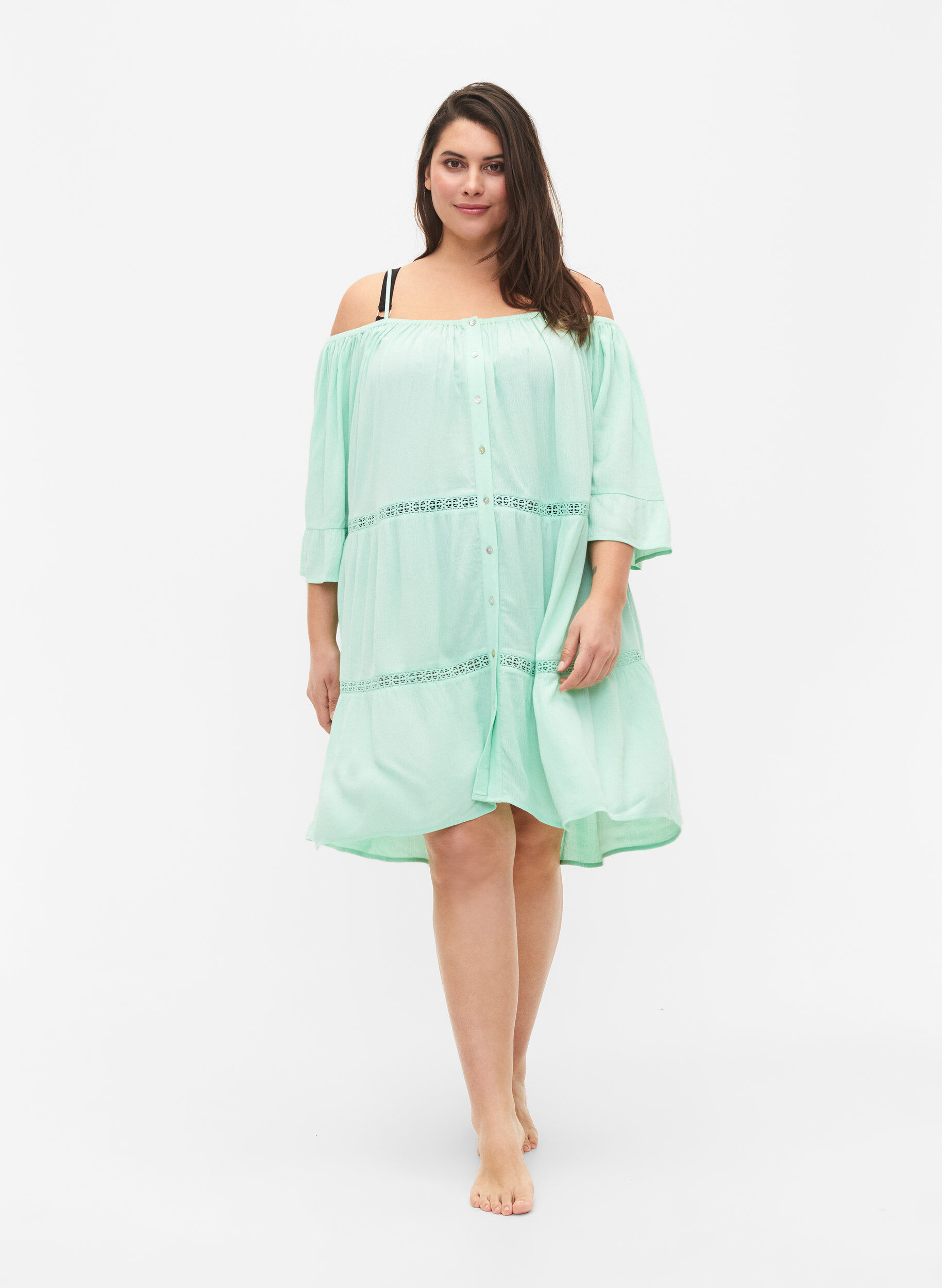 Zizzi Strandtunika mit Off-Shoulder, Brook Green, Model image number 2