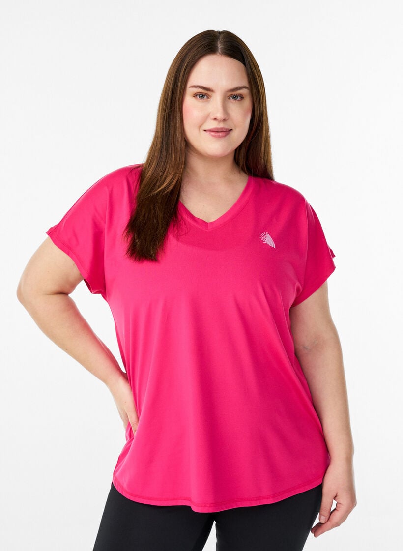 Kurzarm Trainingsshirt mit V-Ausschnitt, Pink, Model image number 0