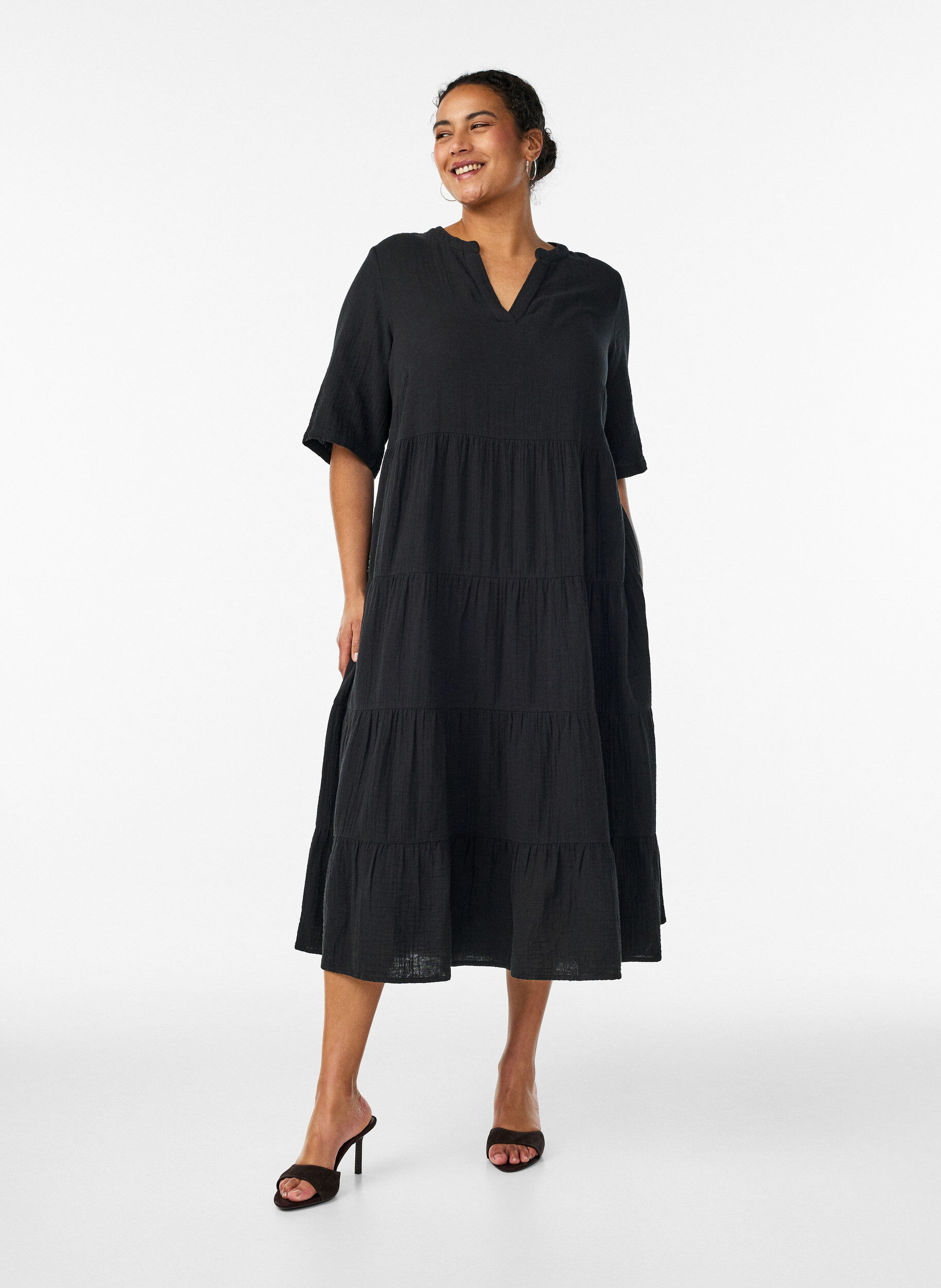 ZizziMidikleid in A-Linie aus Baumwoll-Musselin, Schwarz, Model image number 1