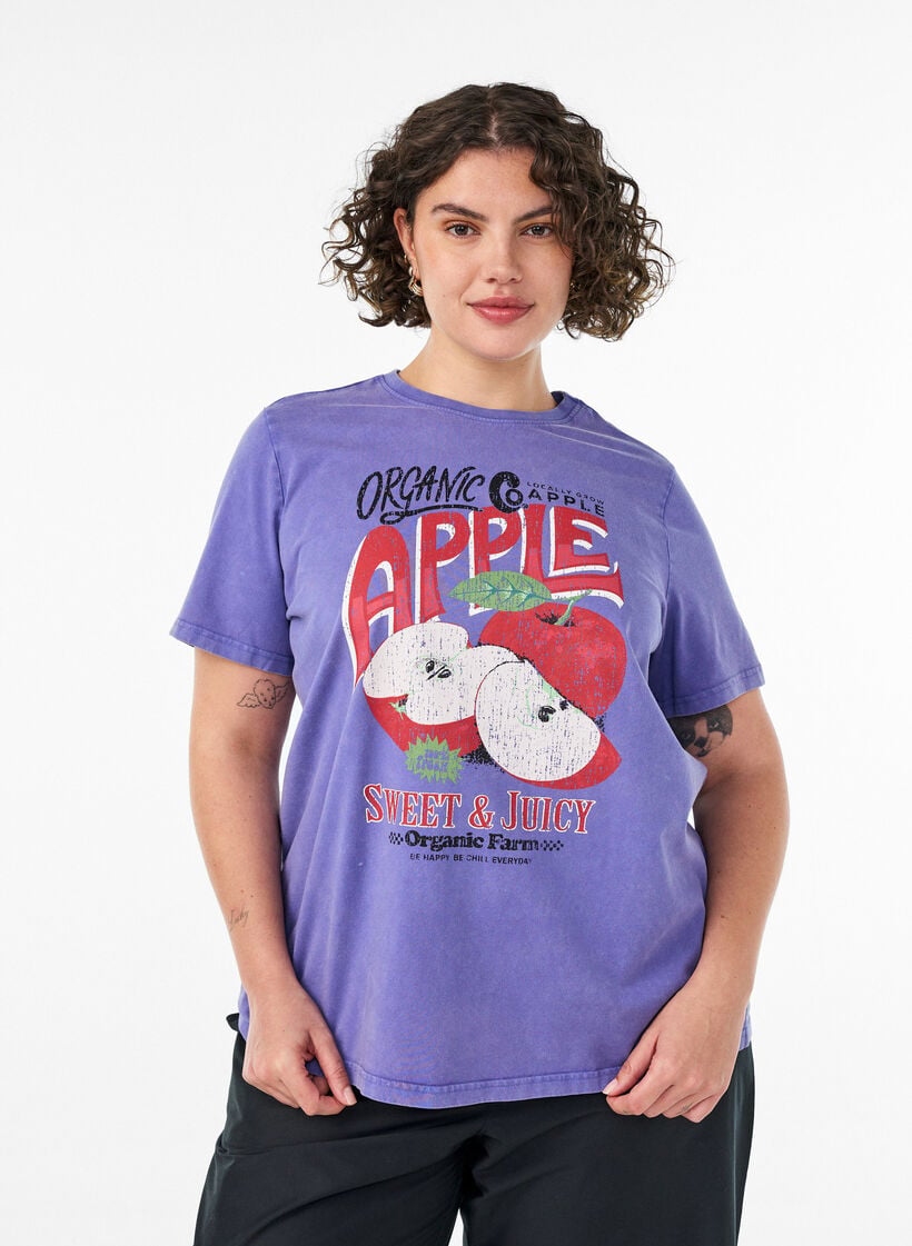 Baumwoll-T-Shirt mit Frontprint und gewaschener Optik, Lila, Model image number 0
