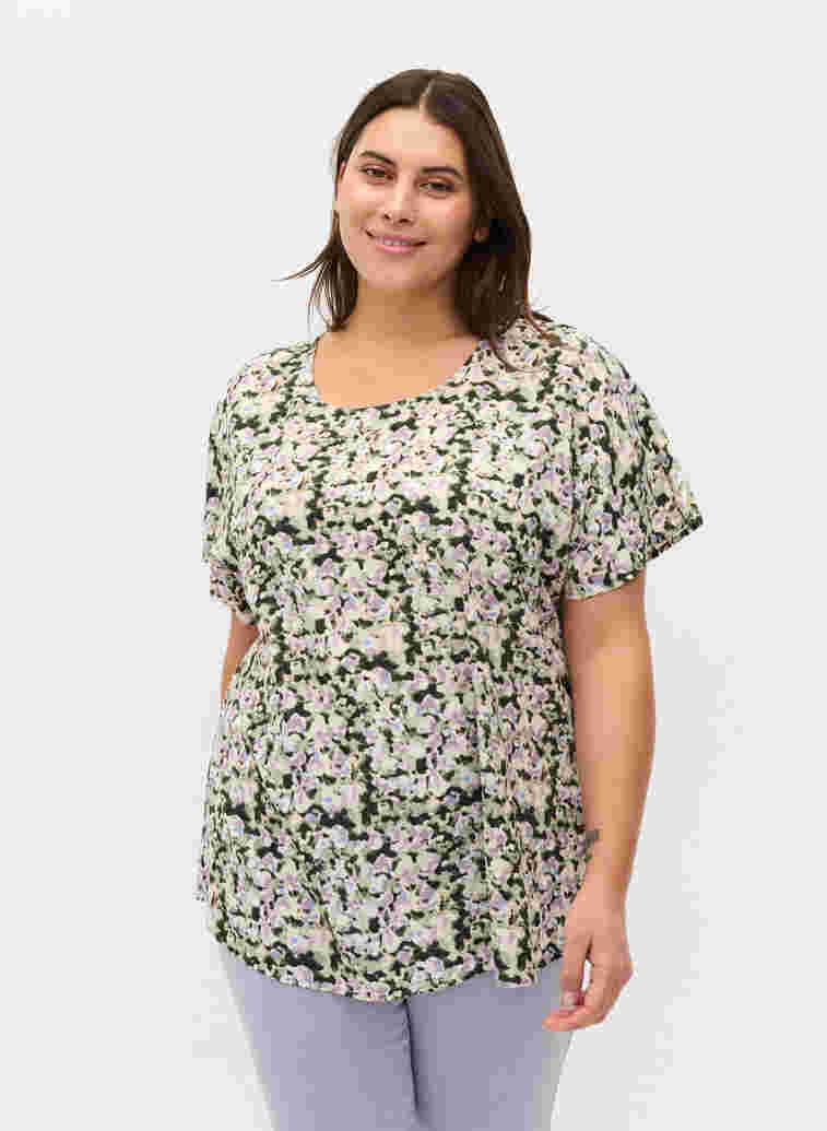 Kurzärmelige Bluse aus Viskose, Green Purple Mix, Model image number 0