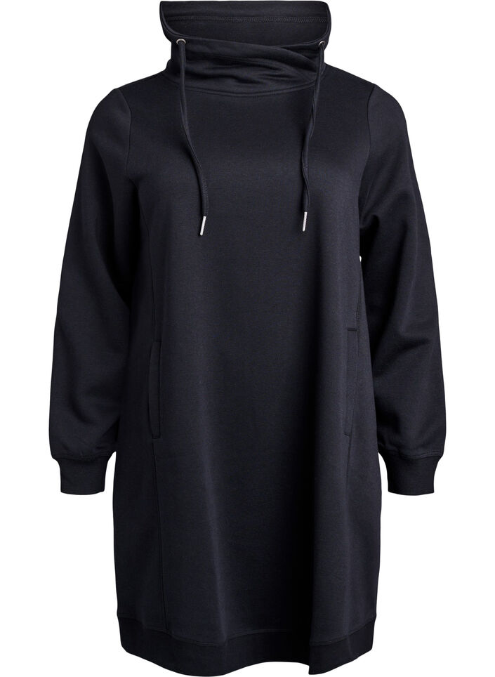 Kurzes Sweatshirtkleid mit Stehkragen und Taschen, Schwarz, Packshot image number 0
