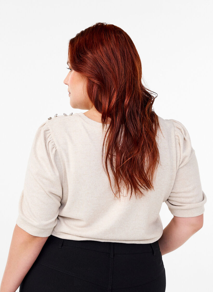 Bluse mit Knopfdetail und kurzen Puffärmeln, Beige, Model image number 2