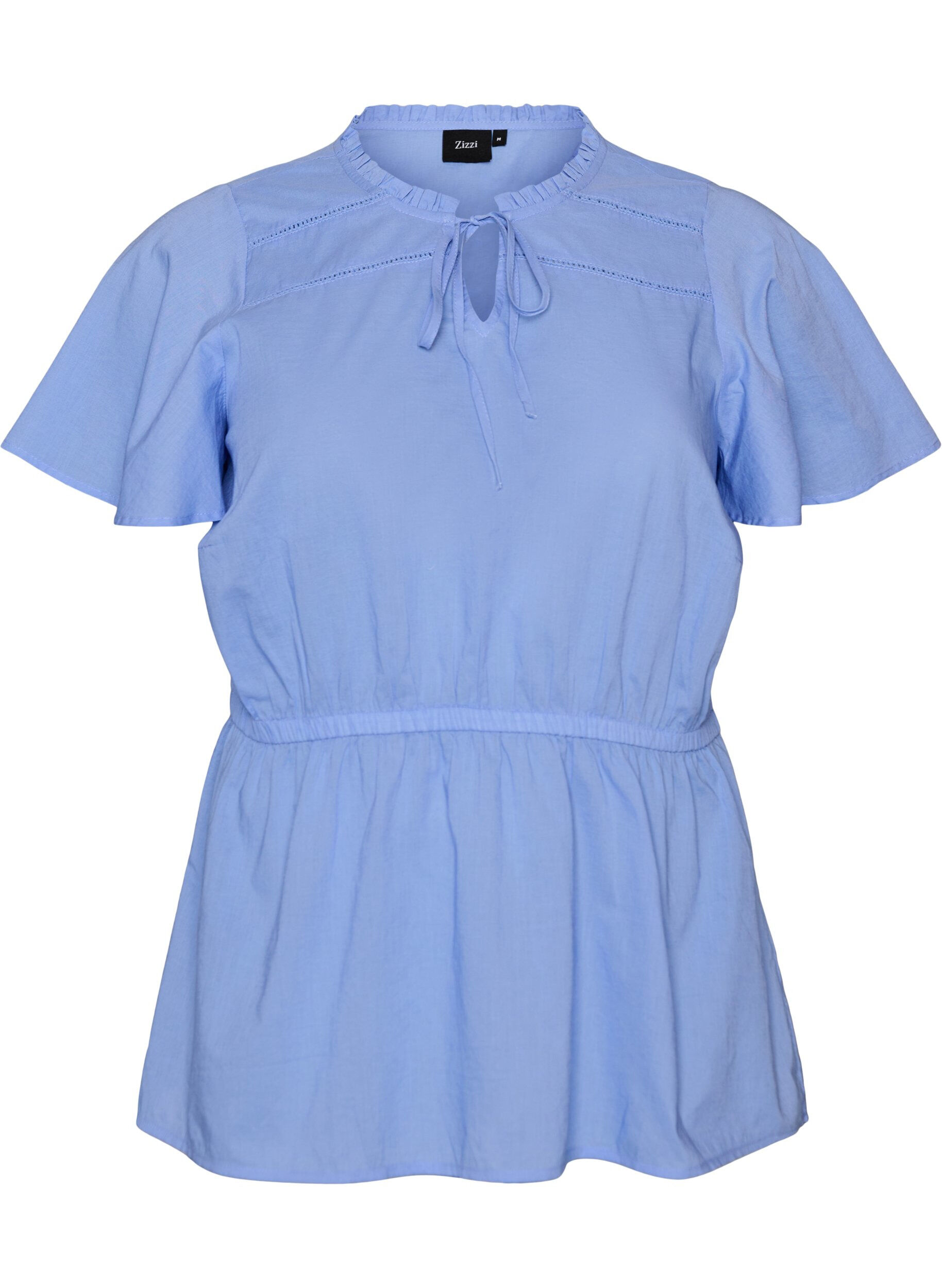 ZizziBaumwollbluse mit Bindeband und elastischer Taille, Blau, Packshot image number 0