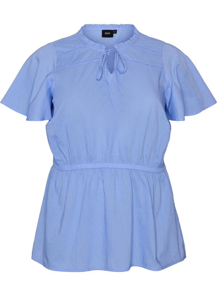 Baumwollbluse mit Bindeband und elastischer Taille, Blau, Packshot image number 0