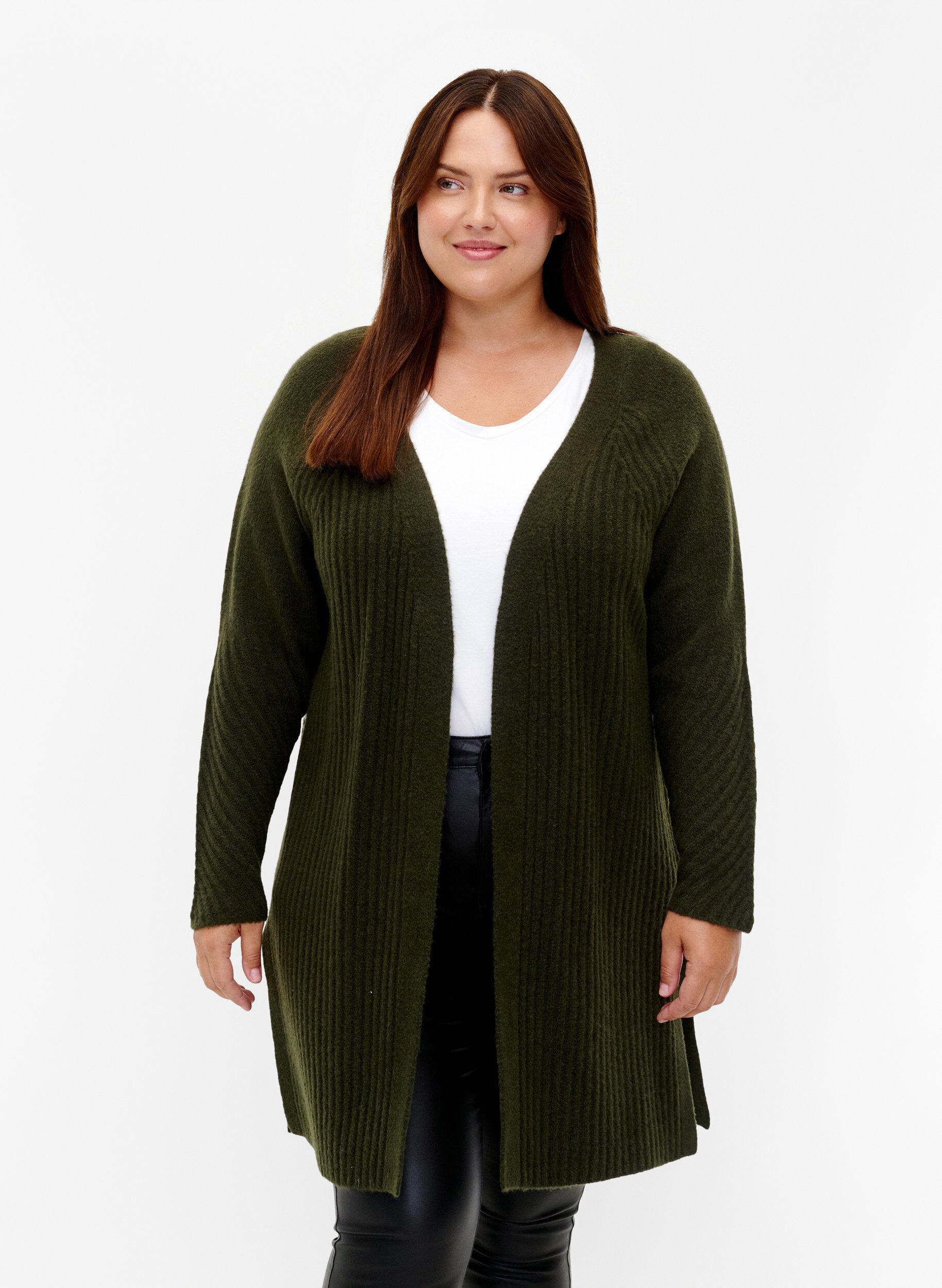 Zizzi Lange Strickjacke aus Rippenstrick, Forest Night Mel., Model image number 0