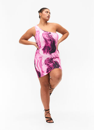 Eng anliegendes One-Shoulder Kleid mit Print, Raspberry Rose AOP, Model image number 3