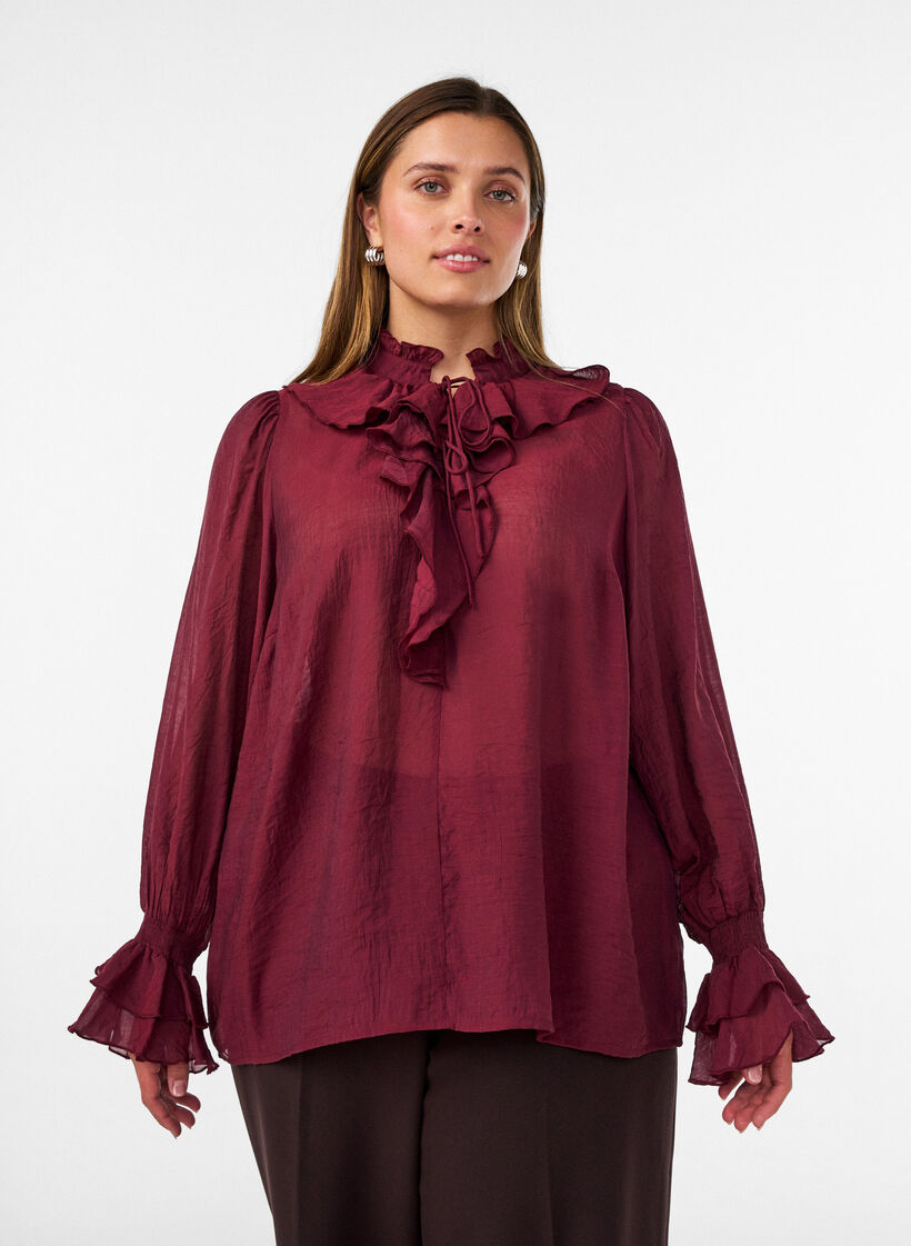 Viskosebluse mit R&uuml;schen und langen &Auml;rmeln, Rot, Model image number 0