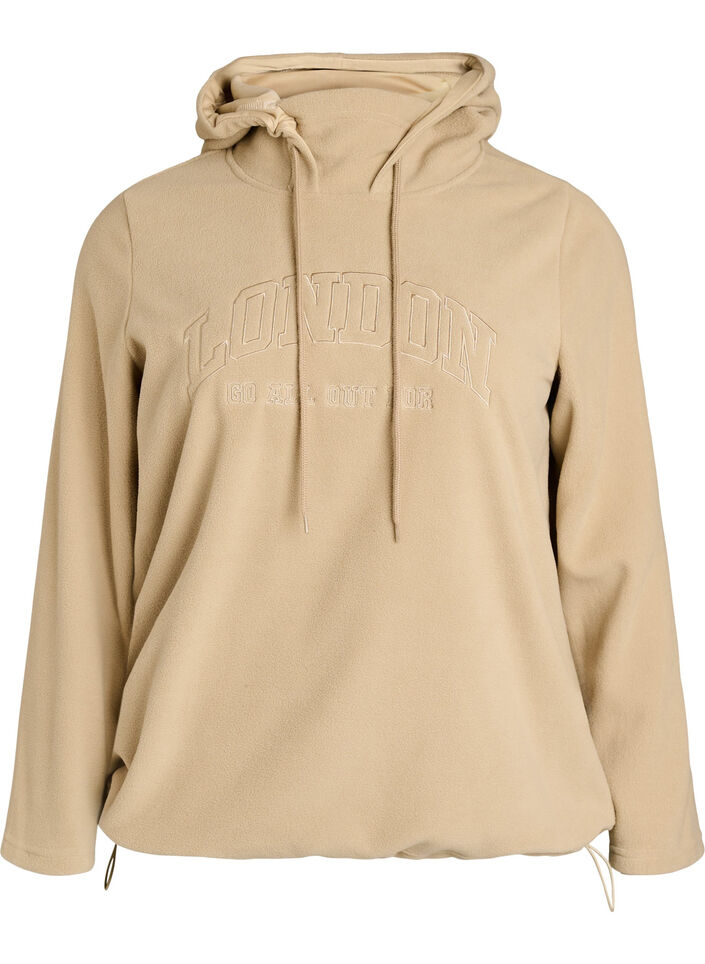 Hoodie aus Fleece mit hohem Kragen und aufgesticktem Text, Beige, Packshot image number 0