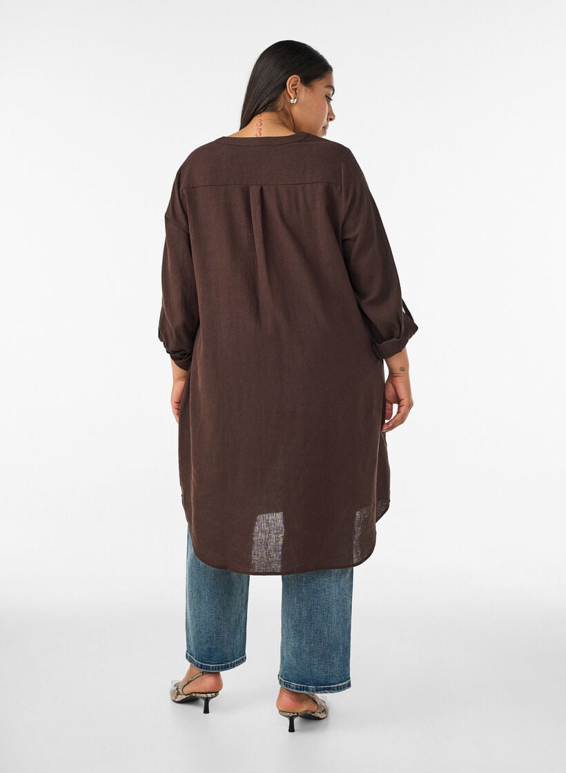 Lange Bluse aus Leinen und Viskose, Braun, Model image number 1