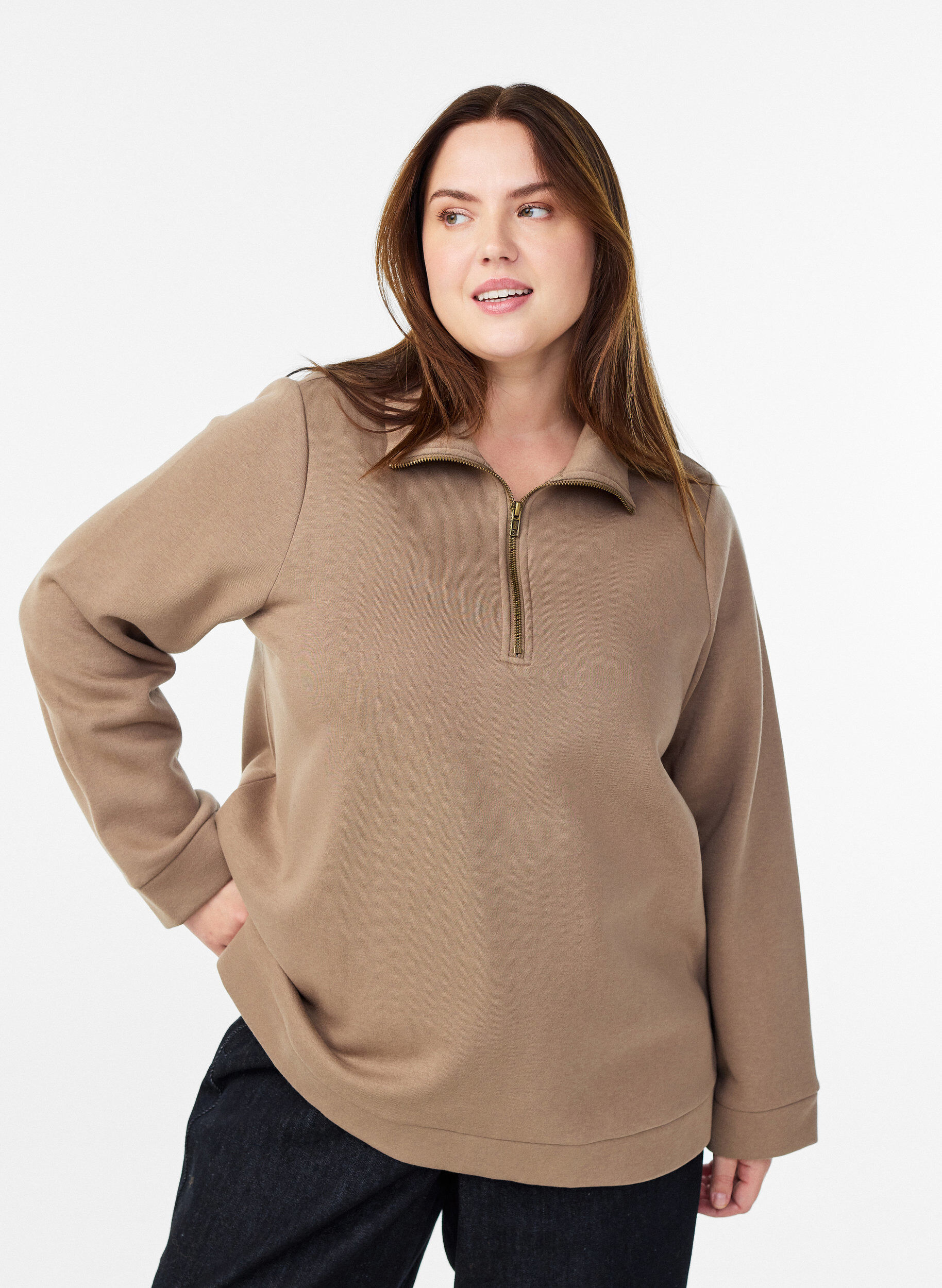Sweatshirt mit hohem Kragen und Rei&szlig;verschluss, Braun, Model