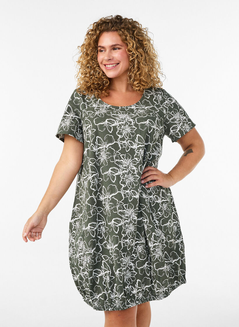 Kurz&auml;rmliges Baumwollkleid mit Aufdruck, Gr&uuml;n, Model image number 0